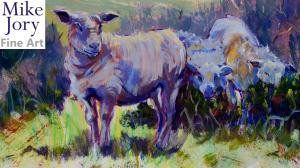 The Sunday Art Show - Sheep and Landscape Painting - Purples Pop on a hill top